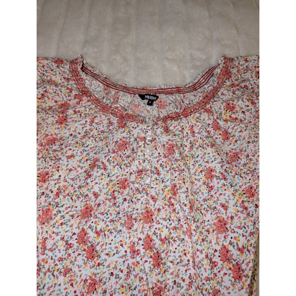Nuon Women's Cotton Smocked Floral Short Sleeve Elastic Waist Blouse Small - Picture 4 of 10